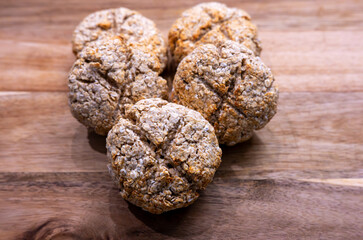 Homemade Oat Rolls on Wooden Board, Fresh Bakery Food Scene