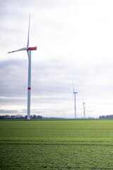 A field with three wind turbines in the background
