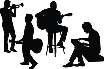 Music band silhouettes vector set, musicians playing trumpet, guitar and keyboard, isolated artist performers collection for concert poster, entertainment branding illustration © SreePobitra