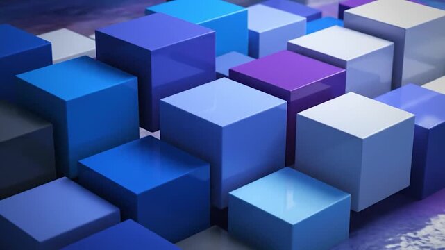 Abstract composition featuring a cluster of multi-colored cubes in varying shades and arrangements