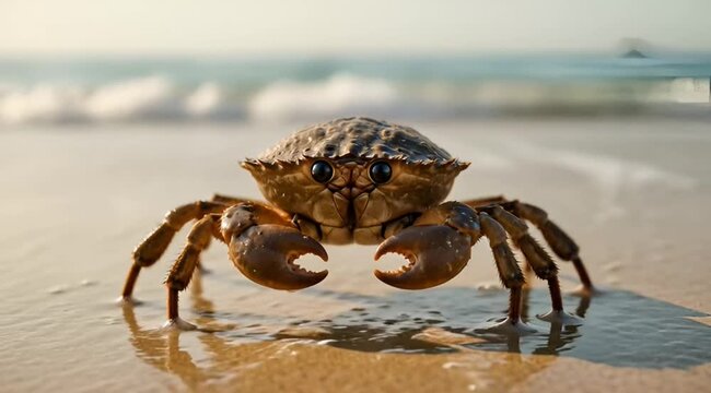 Crab on Sand with Soft Ocean Background .commercial stock footage