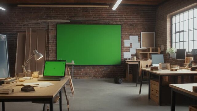classroom with school supplies and green screen on the wall