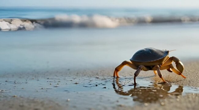 Marine Life Crab on Wet Beach Surface .commercial stock footage