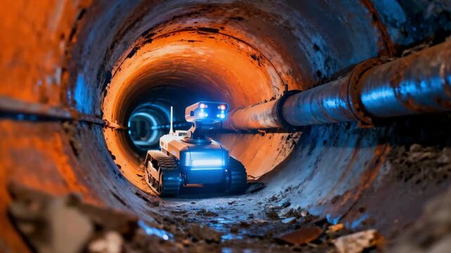 Medium shot of a robotic crawler navigating underground pipes with integrated sensors in lowlight conditions for detailed inspection and leak detection.