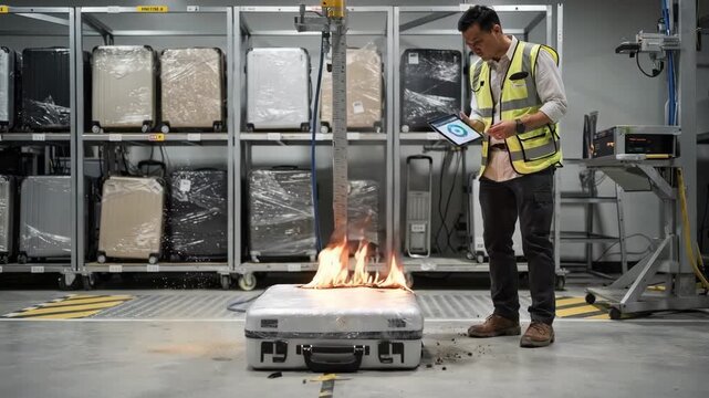 Medium shot capturing corner drop testing of packed suitcases to assess durability and impact absorption under rigorous quality inspection.