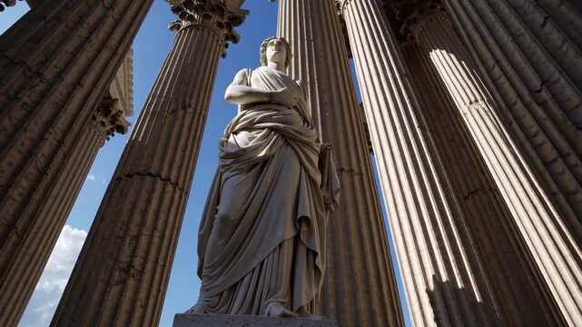 Low-angle video shot of a classical statue surrounded by towering columns against a blue sky, emphasizing grandeur and historical elegance.