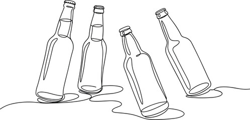 Line art illustration of empty beer bottles standing upright and tilted, minimalist continuous one line drawing of alcoholic drink containers. © Its Marjia's World