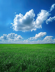 Obraz premium Green lawn, in the background, there is a huge white cloud in the blue sky. But the ratio of the sky is greater than that of the green lawn.