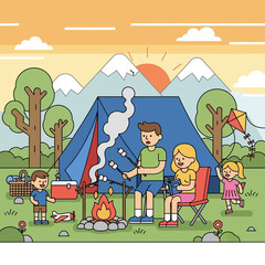 Naklejka premium Family camping, roasting marshmallows by campfire with tent and mountains