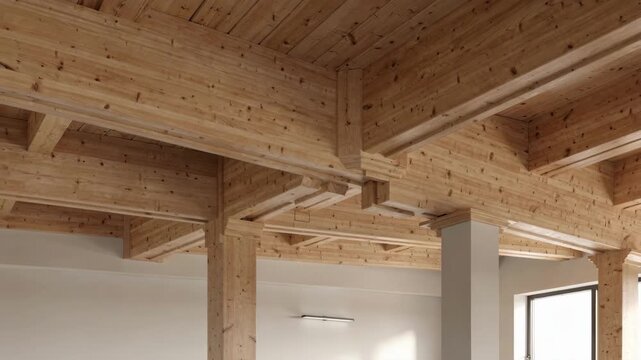 Medium shot focusing on decorative mass timber longspan beams showcasing detailed trimming and finishing techniques to enhance architectural aesthetics.
