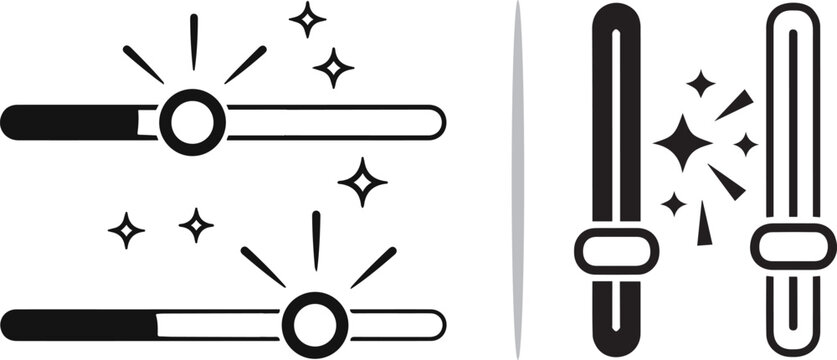 Two vector slider icons: horizontal black progress bars and vertical adjustment toggles with sparkling accents, representing user interface controls, customization, and fine-tuning settings.