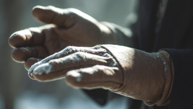 Touched by winter's whisper, hands cradle the frost in a serene moment of nature's embrace.