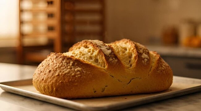 Fresh Artisan Loaf Of Bread On Baking Tray In Kitchen Bakery Setting With Golden Crust .commercial stock footage