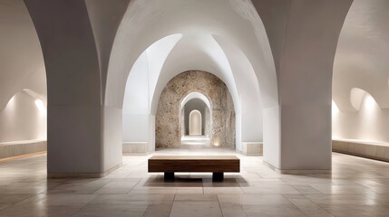Arched White Interior with Stone Accents and Wooden Bench in Warm Lighting