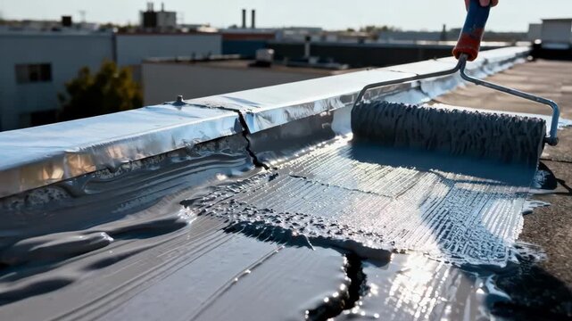 Medium shot showing the use of elastomeric reflective roof coating focusing on its thick texture and crackbridging ability during roof maintenance.