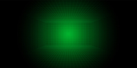 Futuristic perspective grid box. Abstract wireframe with white grid line on black background. Virtual reality landscape in 80s 90s digital style. Vector illustration.