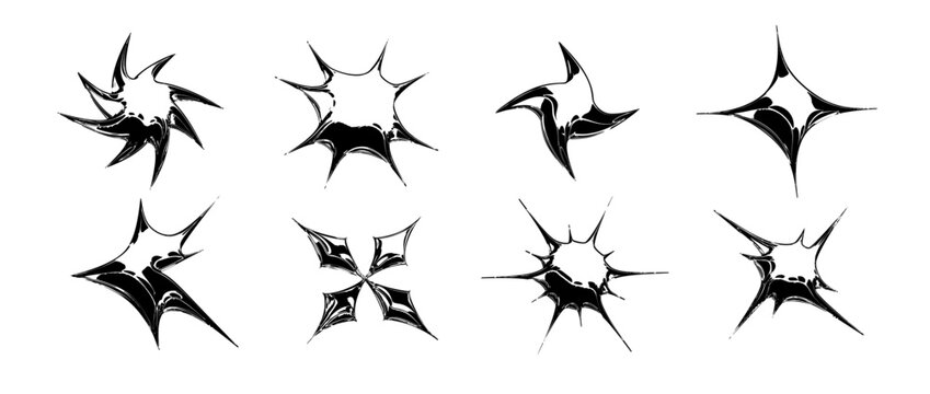 Black y2k abstract shapes in 3d inflated style. Hardcore stars, sparkles and sparks design element collection. Vector grunge balloon icon set for poster, banner, collage, flyer, streetwear, party