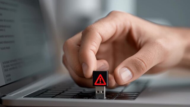 Cybersecurity and Data Privacy concept ,Hand holding USB flash drive with warning sign over laptop keyboard symbolizing data risk