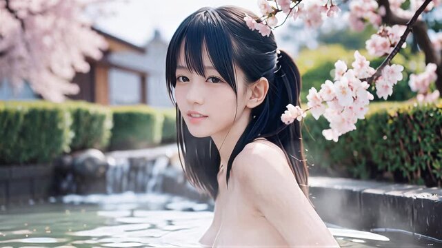 桜の咲く温泉露天風呂に入浴中の若い女性