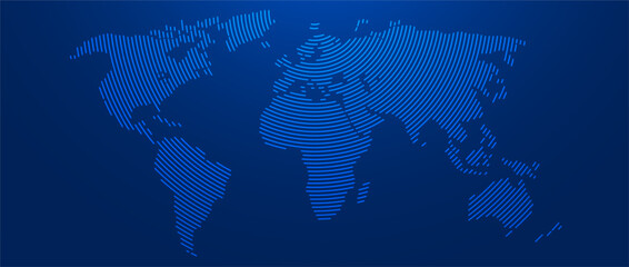 Blue glowing linear world map concept. Abstract neon lined globe worldmap for poster, banner, brochure, flyer, booklet, presentation. Curved line continent infographics wallpaper. Vector illustration © vika_k