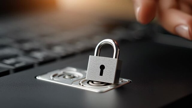 Cybersecurity and Data Privacy concept ,Hand holding small lock laptop keyboard for digital security protection and keyboard