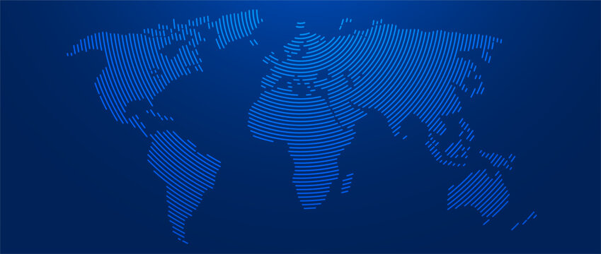 Blue glowing linear world map concept. Abstract neon lined globe worldmap for poster, banner, brochure, flyer, booklet, presentation. Curved line continent infographics wallpaper. Vector illustration