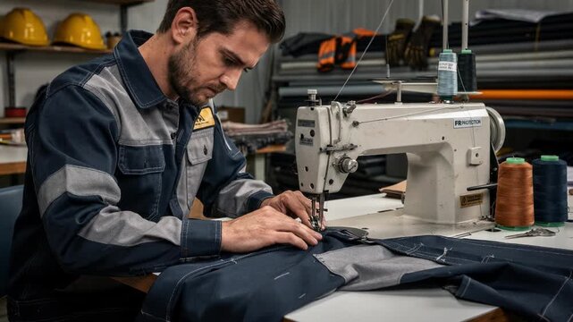 Tailor carefully sews a flameresistant shirt using treated protective fabric to ensure safety and durability for workers in highrisk environments.