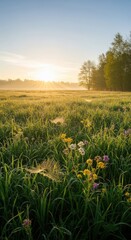 Wildflowers in a serene meadow at sunrise.