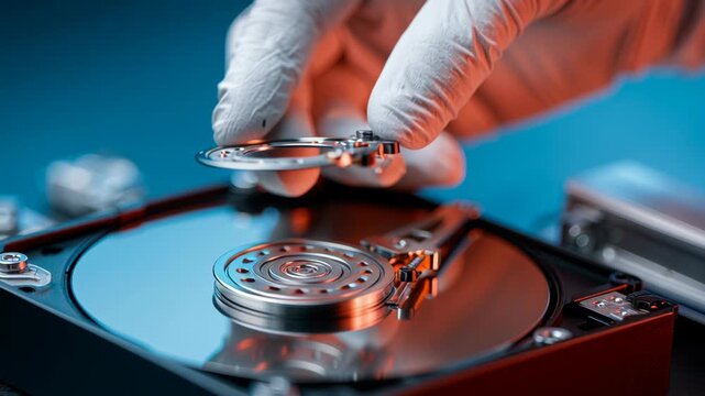 Cybersecurity and Data Privacy concept ,Gloved hand performing hard drive repair with precision reflective disk metal parts close