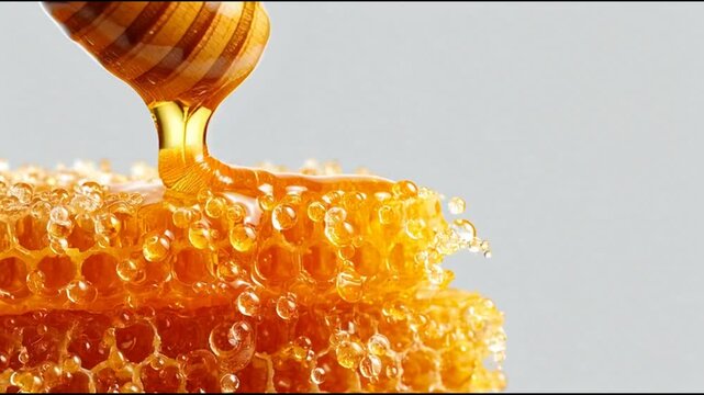 A honey dipper pouring golden honey onto a honeycomb, showcasing the texture and viscosity of the honey, captured in a close-up view.