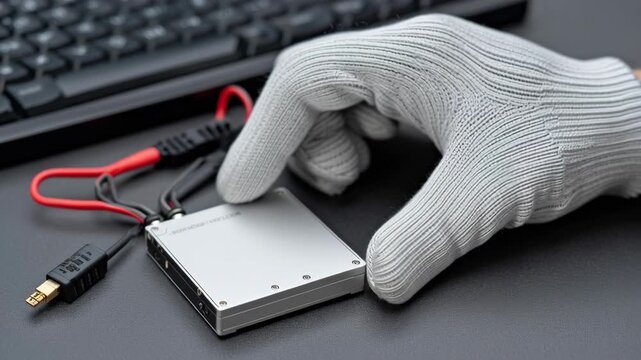 Cybersecurity and Data Privacy concept ,Gloved hand testing solid state drive ssd with cables near keyboard dark desk for data