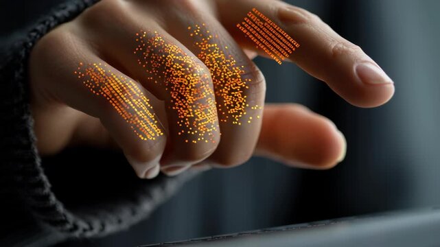 Cybersecurity and Data Privacy concept ,Finger and hand with glowing digital data points close up touching surface technology