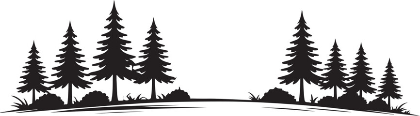 Obraz premium Silhouette border of evergreen trees and bushes on rolling hills, representing a natural landscape vista.