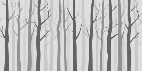 Obraz premium Abstract background of tall, bare tree trunks in various shades of gray, creating a stark, monochrome forest.