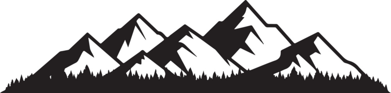 Jagged mountain range silhouette with pine tree line below on transparent background
