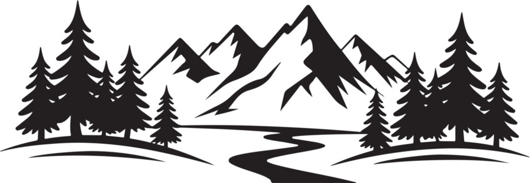 Mountain range with winding river and pine trees on transparent background