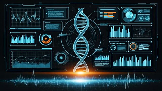 DNA Strand in Technology: The image features a prominent double helix of DNA intertwined with various tech elements.