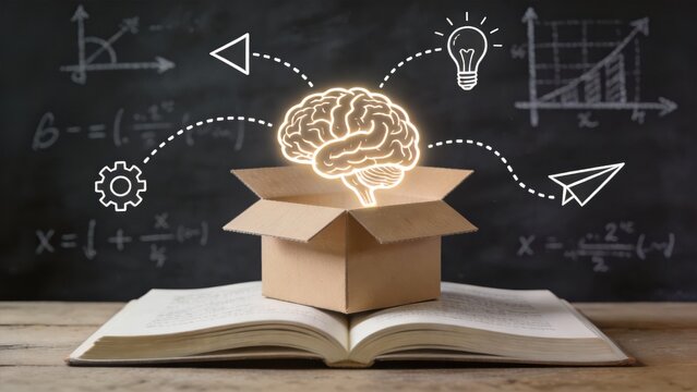 Creative education concept with glowing brain emerging from box on open book,innovation,learning and knowledge imagination idea for science,school and technology visual storytelling