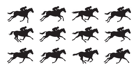 Galloping horse animation cycle silhouettes for motion graphics design featuring jockeys in competitive race