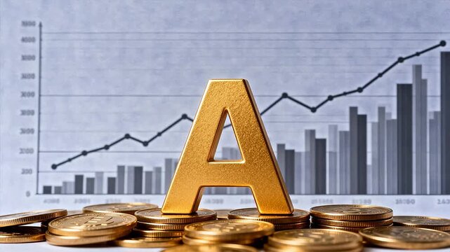 Gold coin stack with letter A and graph