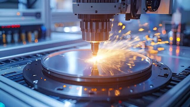 Precision laser cutting machine creating intricate patterns on a l surface with sparks.