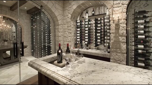 Luxurious wine cellar with marble countertop and stone walls, featuring wine bottles and glasses from an angled viewpoint.