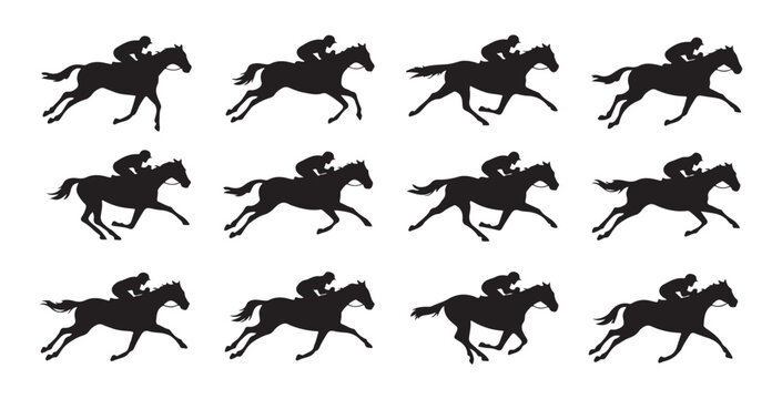 Galloping horse animation cycle silhouettes for motion graphics design featuring jockeys in competitive race