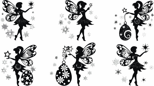 Silhouette fairies with stars and snowflakes in magical poses