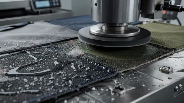 Fabric samples exposed to wet condition abrasion testing in a lab highlighting outerwear durability and resistance to moisture and friction in realistic scenarios.