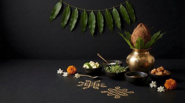 Ugadi festival decoration with mango leaves and flowers on black background
