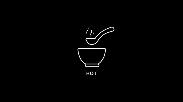 Steaming hot soup bowl with ladle minimalist white line animation on dark background restaurant menu food delivery app and culinary website