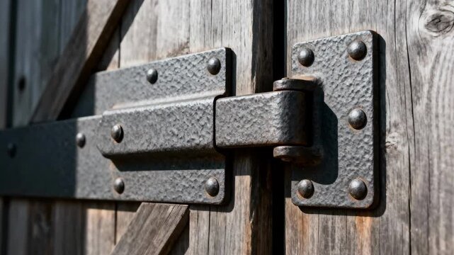 Medium shot of robust steel hinges attached to a large wooden door highlighting reliable hardware for heavy structural support.