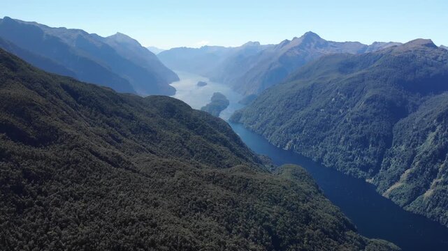 Doubtful Sound, Fiordland, New Zealand. Aerial view of huge New Zealand fjord from above.