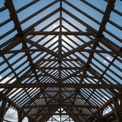Wooden Roof Structure with Sky.